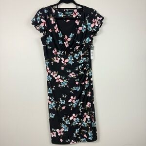 Lauren Ralph Lauren Floral Dress Ruched Women 12 Y2K Black Pink Preppy V-Neck